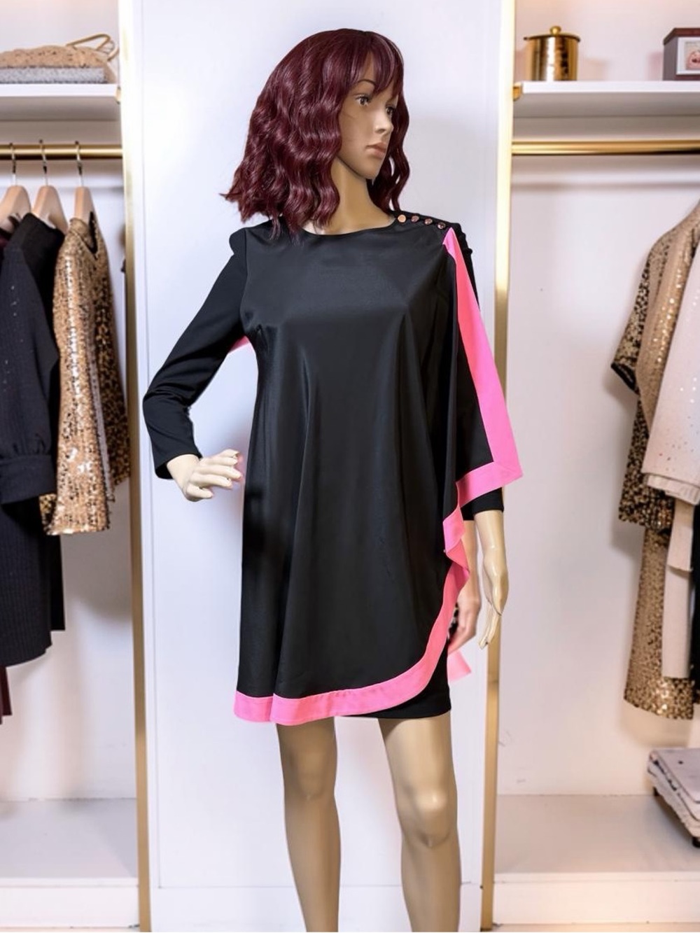 Ted Baker EUC Sz 1 Black and Hot Pink Trim Asymmetric Women's Mini Dress (0798)
